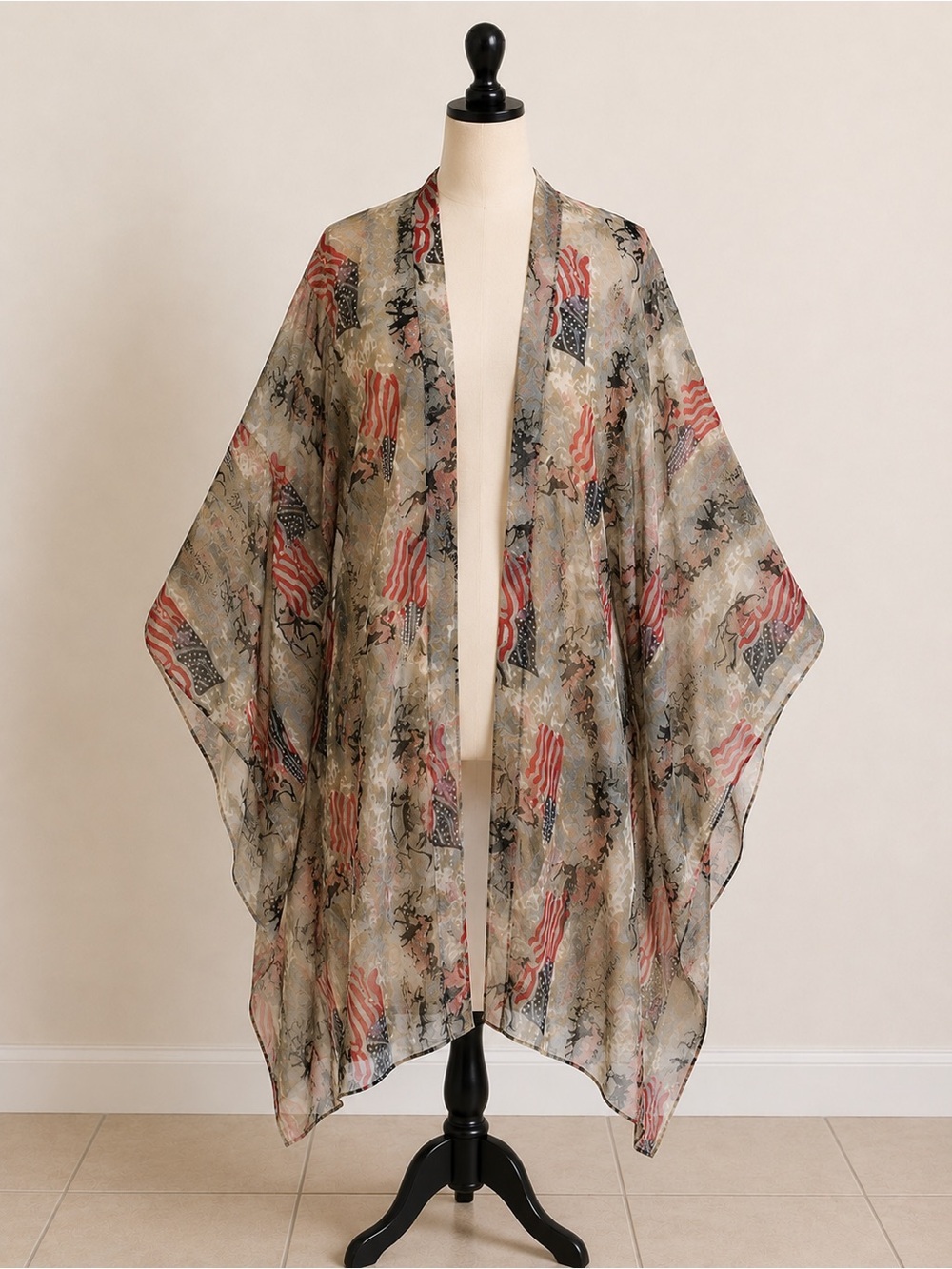 Sheer Patterned Kimono Drape in Taupe and Red